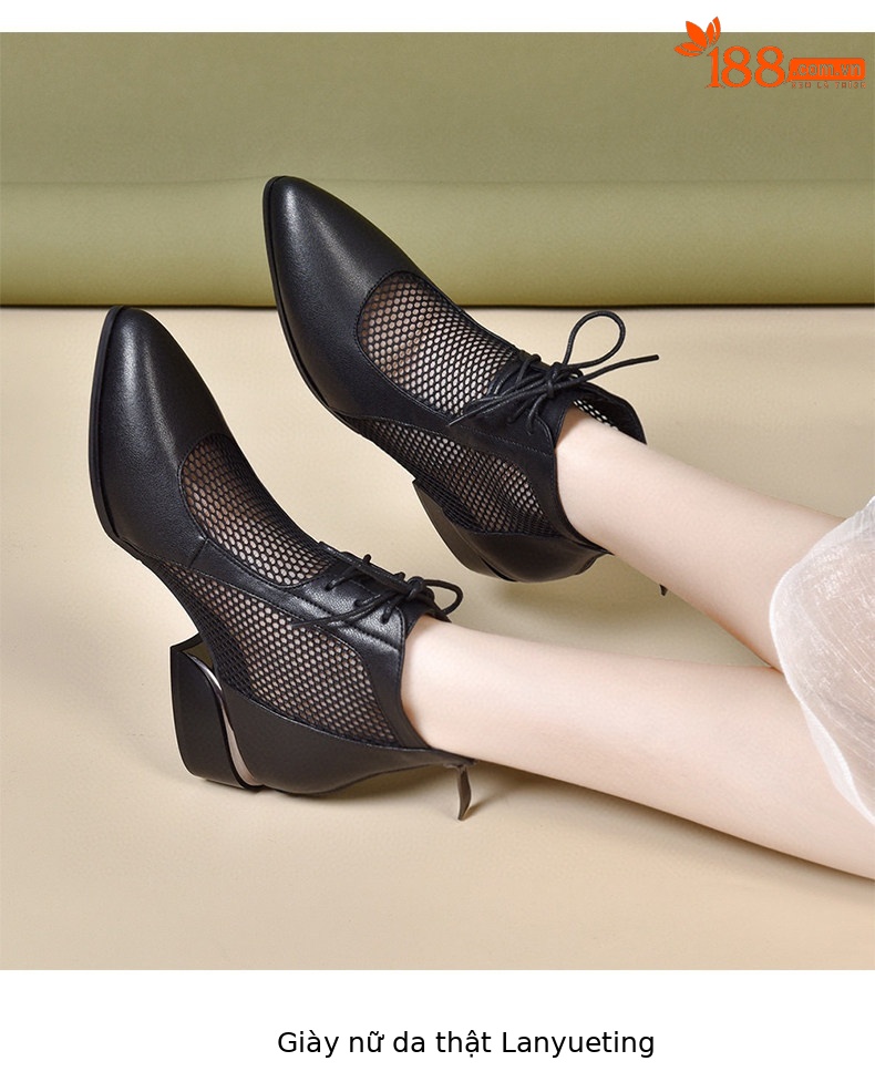 Sandal nữ mũi nhọn gót thấp La Mã da thật lưới thoáng khí — màu đen chi tiết 7