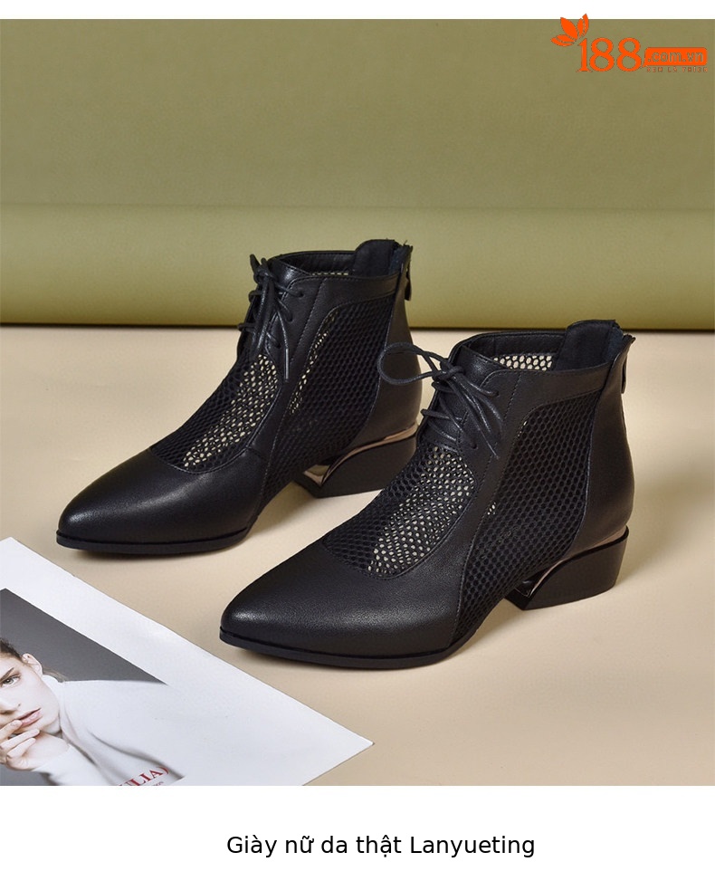 Sandal nữ mũi nhọn gót thấp La Mã da thật lưới thoáng khí — màu đen chi tiết 8