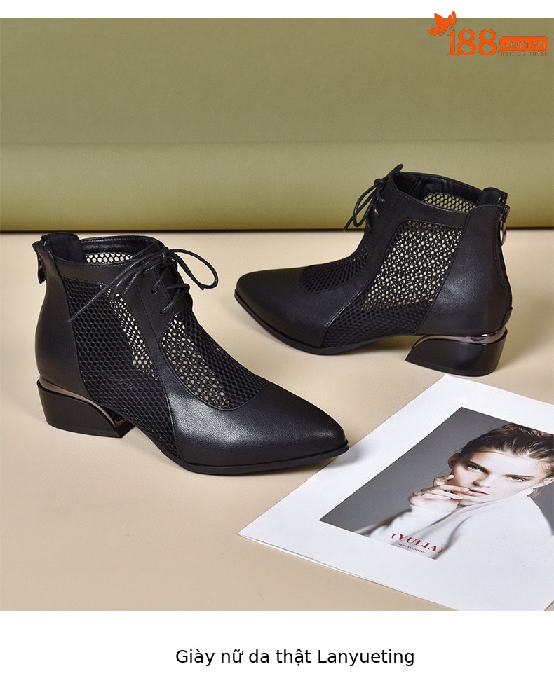 Sandal nữ mũi nhọn gót thấp La Mã da thật lưới thoáng khí — màu đen chi tiết 9