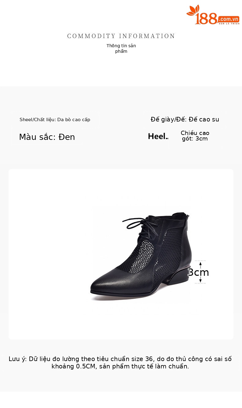 Sandal nữ mũi nhọn gót thấp La Mã da thật lưới thoáng khí — màu đen chi tiết 1