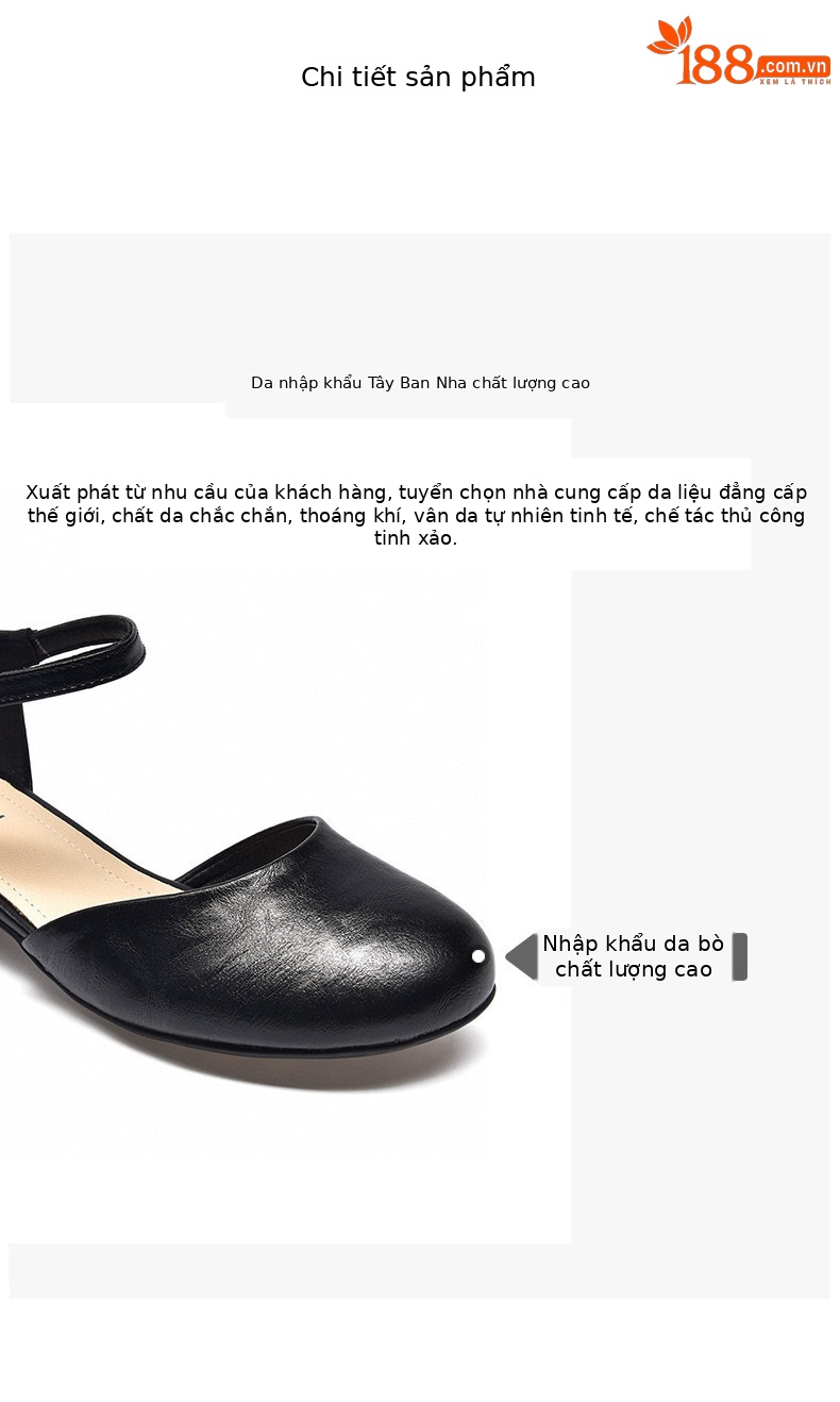 Giày sandal cao gót nữ quai ngang mũi tròn da thật gót thấp — màu đen chi tiết 2