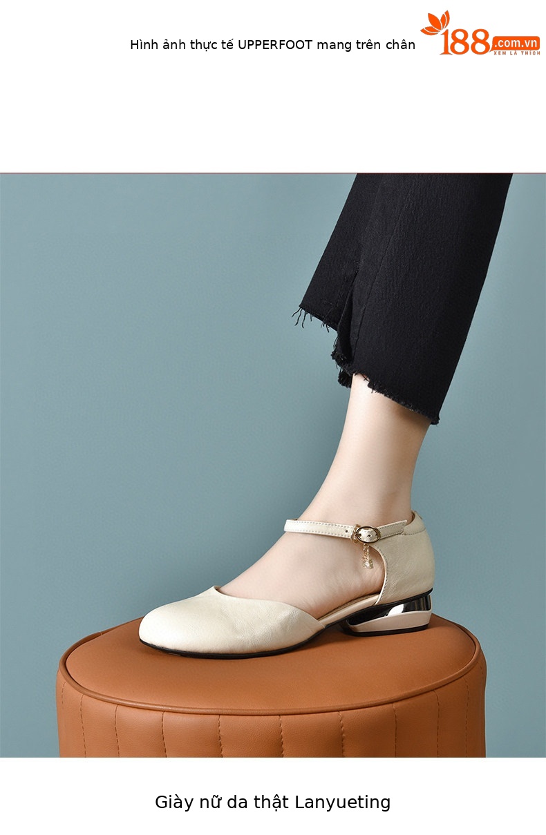 Giày sandal cao gót nữ quai ngang mũi tròn da thật gót thấp — màu đen chi tiết 3