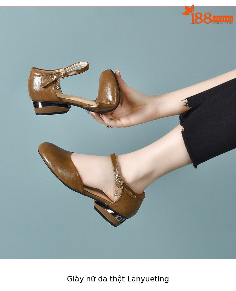 Giày sandal cao gót nữ quai ngang mũi tròn da thật gót thấp — màu đen chi tiết 4