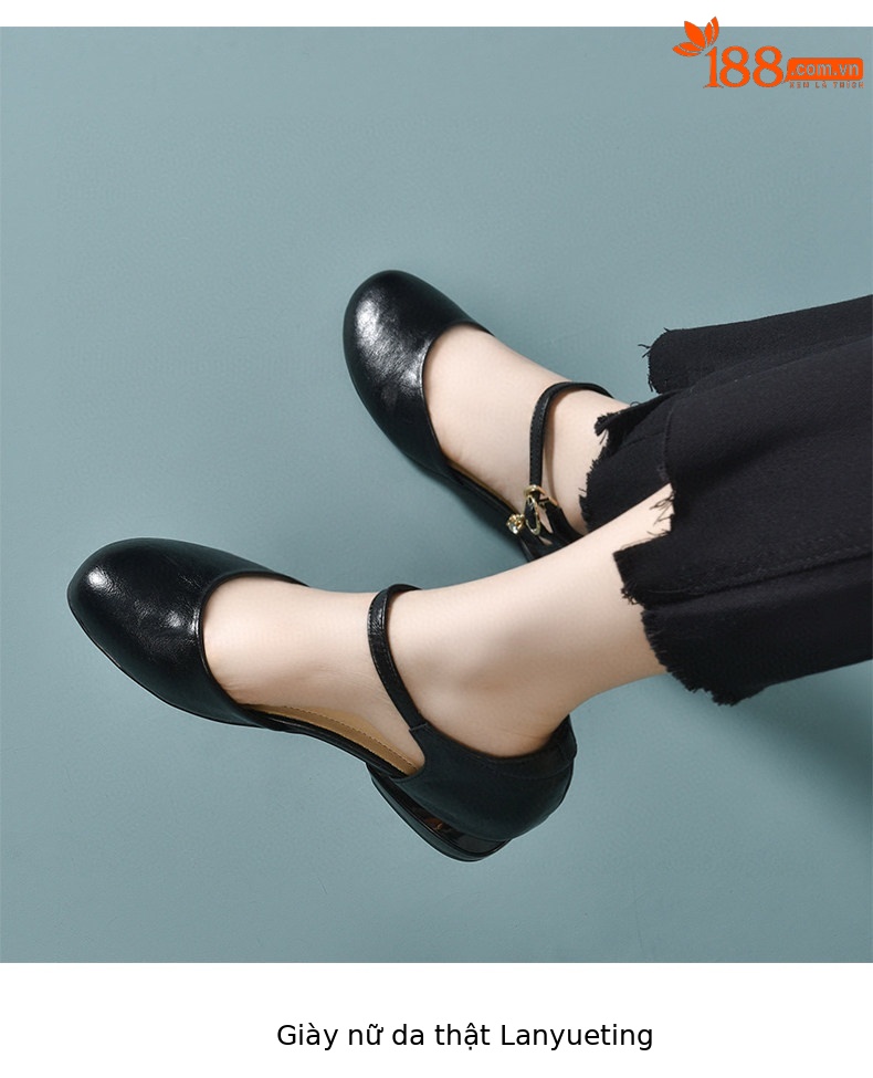 Giày sandal cao gót nữ quai ngang mũi tròn da thật gót thấp — màu đen chi tiết 5