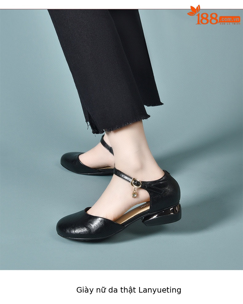 Giày sandal cao gót nữ quai ngang mũi tròn da thật gót thấp — màu đen chi tiết 6