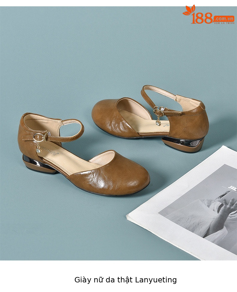 Giày sandal cao gót nữ quai ngang mũi tròn da thật gót thấp — màu đen chi tiết 8