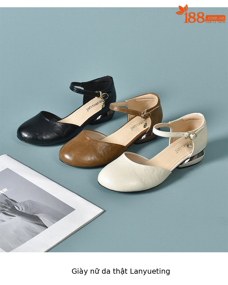 Giày sandal cao gót nữ quai ngang mũi tròn da thật gót thấp — màu đen chi tiết 9