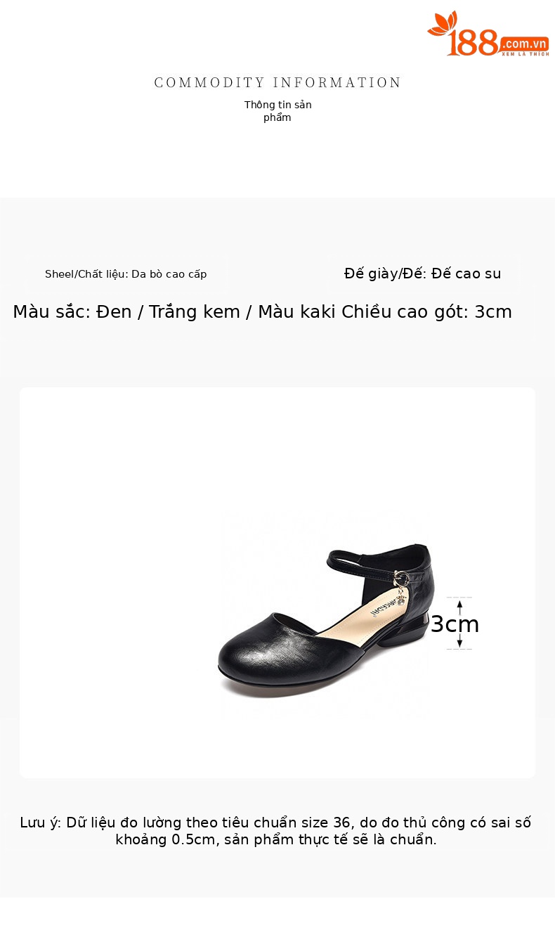 Giày sandal cao gót nữ quai ngang mũi tròn da thật gót thấp — màu đen chi tiết 1