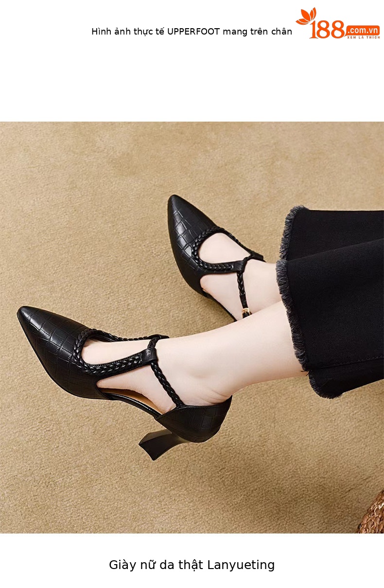 Giày sandal cao gót nữ mũi nhọn quai ngang da thật gót 5 cm — Màu đen - 5cm chi tiết 3