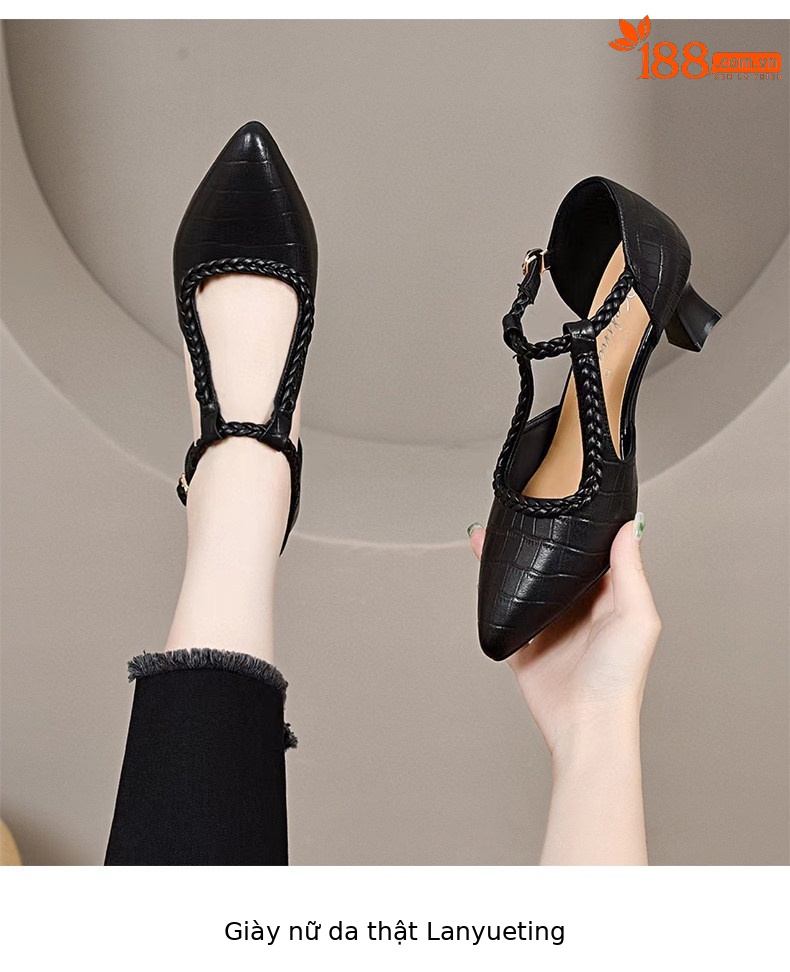 Giày sandal cao gót nữ mũi nhọn quai ngang da thật gót 5 cm — Màu đen - 5cm chi tiết 4