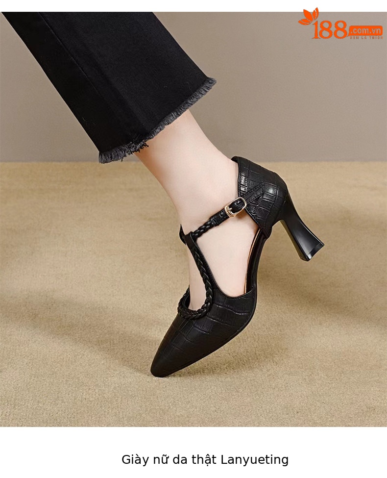 Giày sandal cao gót nữ mũi nhọn quai ngang da thật gót 5 cm — Màu đen - 5cm chi tiết 5
