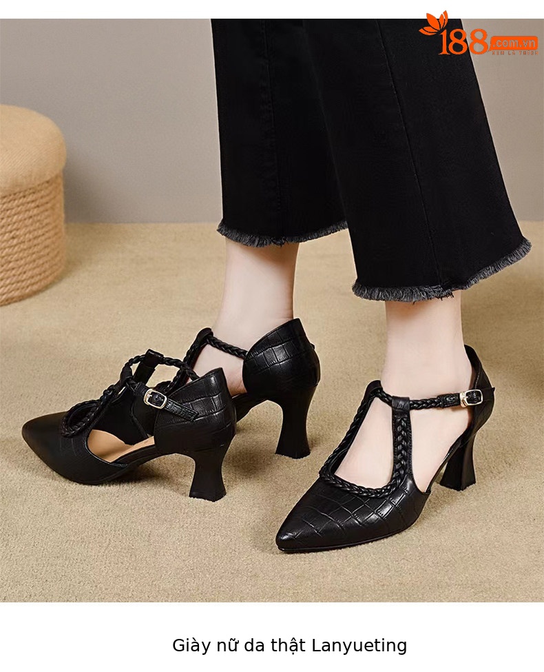 Giày sandal cao gót nữ mũi nhọn quai ngang da thật gót 5 cm — Màu đen - 5cm chi tiết 6