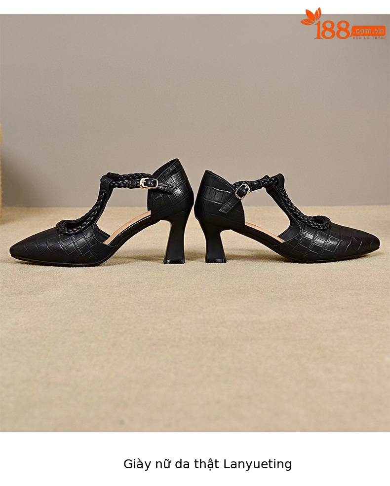 Giày sandal cao gót nữ mũi nhọn quai ngang da thật gót 5 cm — Màu đen - 5cm chi tiết 7