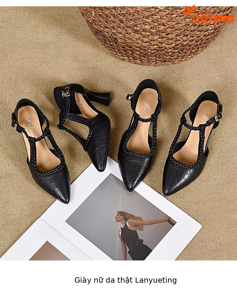 Giày sandal cao gót nữ mũi nhọn quai ngang da thật gót 5 cm — Màu đen - 5cm chi tiết 8
