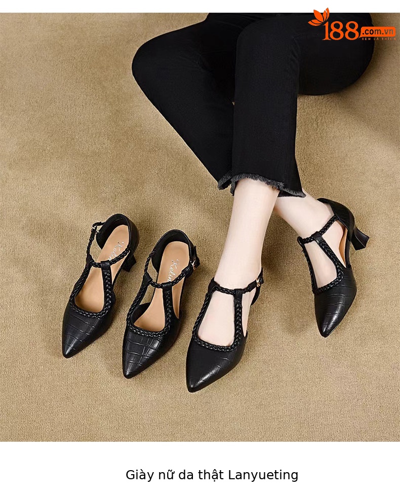 Giày sandal cao gót nữ mũi nhọn quai ngang da thật gót 5 cm — Màu đen - 5cm chi tiết 9