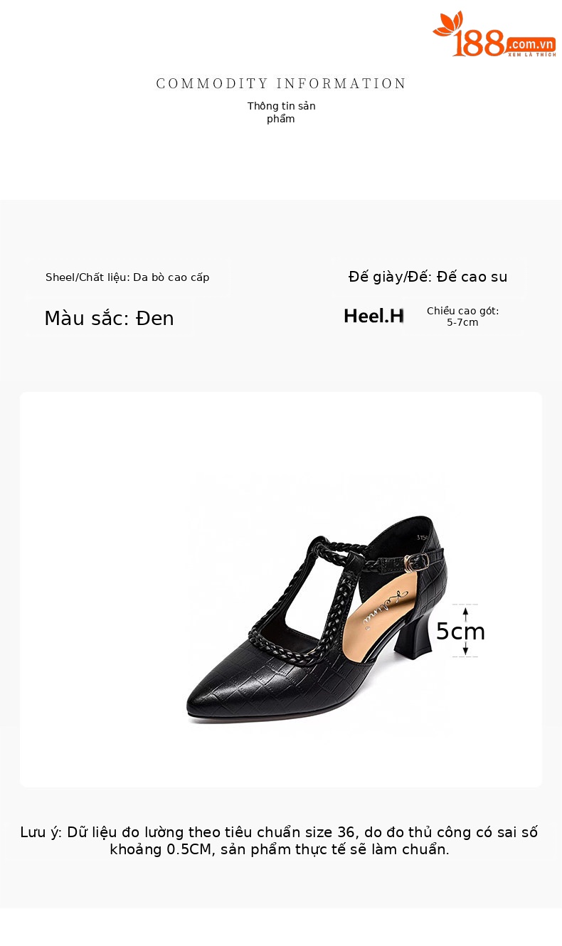 Giày sandal cao gót nữ mũi nhọn quai ngang da thật gót 5 cm — Màu đen - 5cm chi tiết 1