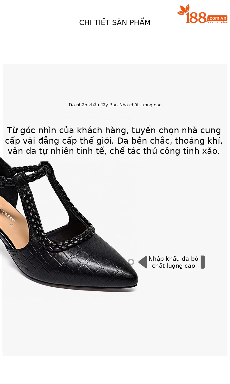 Giày sandal cao gót nữ mũi nhọn quai ngang da thật gót 5 cm — Màu đen - 5cm chi tiết 2