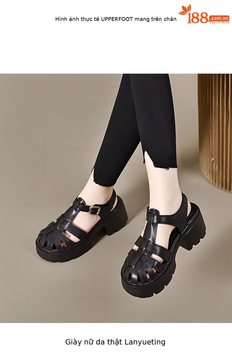 Sandal La Mã nữ đế tăng chiều cao da thật mũi tròn gót vuông quai ngang — màu đen chi tiết 3