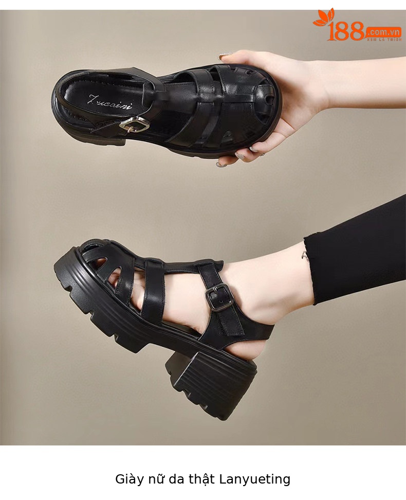 Sandal La Mã nữ đế tăng chiều cao da thật mũi tròn gót vuông quai ngang — màu đen chi tiết 4