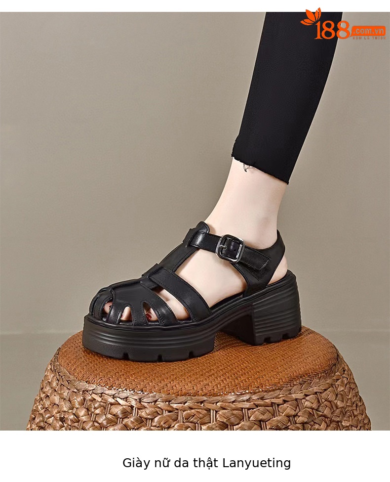 Sandal La Mã nữ đế tăng chiều cao da thật mũi tròn gót vuông quai ngang — màu đen chi tiết 5