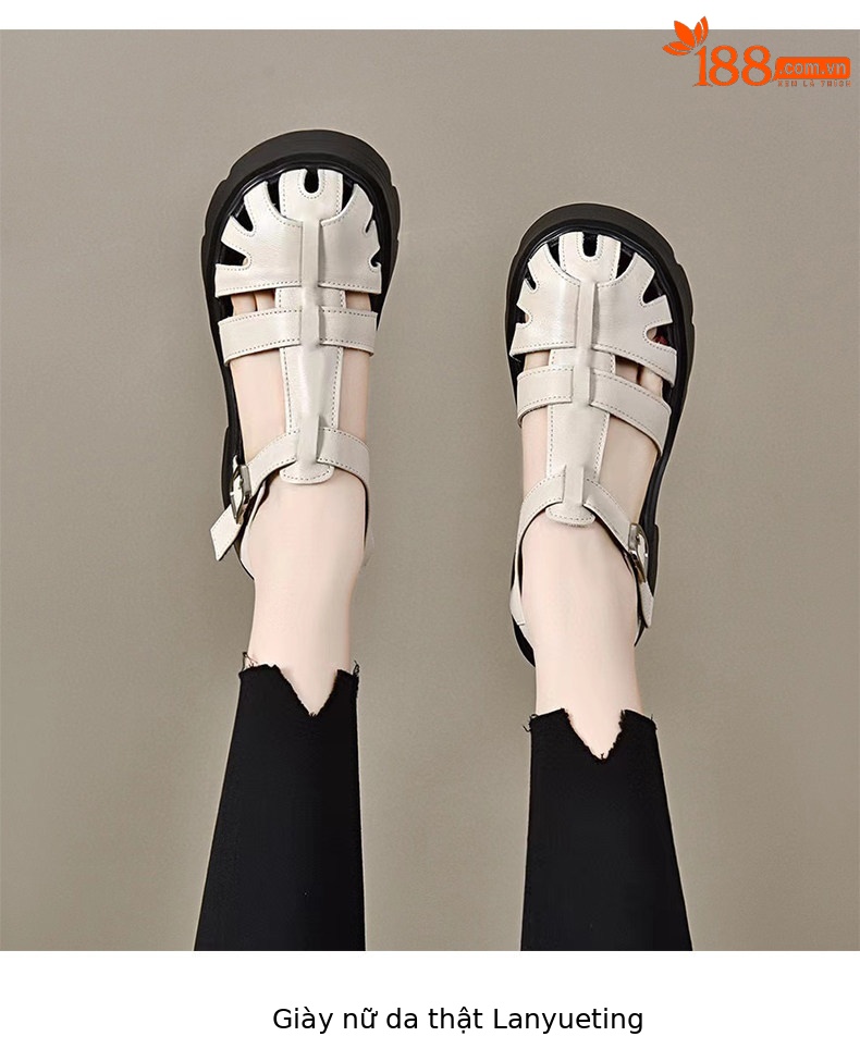 Sandal La Mã nữ đế tăng chiều cao da thật mũi tròn gót vuông quai ngang — màu đen chi tiết 6