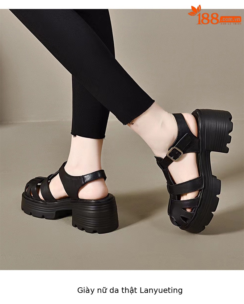 Sandal La Mã nữ đế tăng chiều cao da thật mũi tròn gót vuông quai ngang — màu đen chi tiết 7