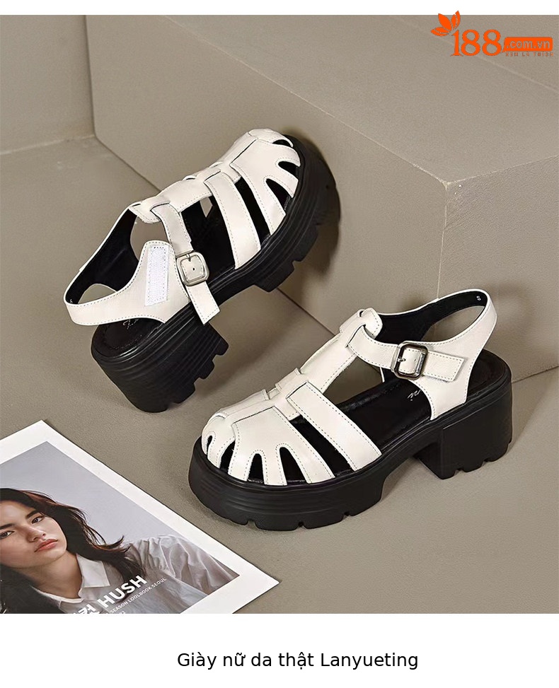 Sandal La Mã nữ đế tăng chiều cao da thật mũi tròn gót vuông quai ngang — màu đen chi tiết 8