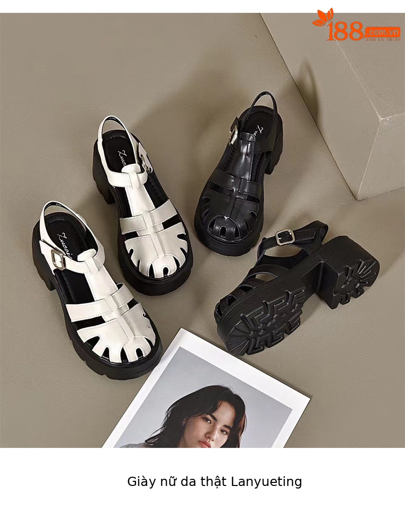 Sandal La Mã nữ đế tăng chiều cao da thật mũi tròn gót vuông quai ngang — màu đen chi tiết 9