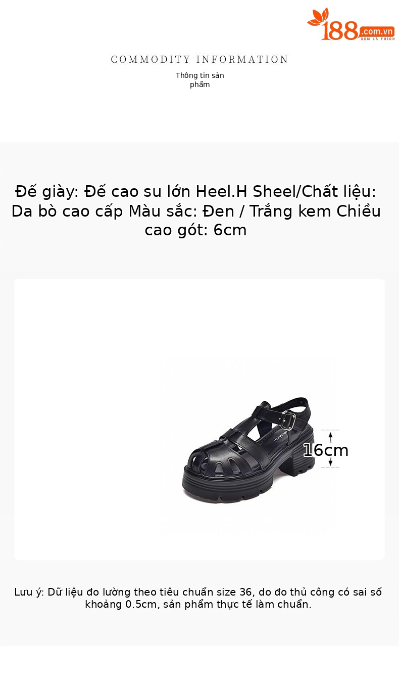 Sandal La Mã nữ đế tăng chiều cao da thật mũi tròn gót vuông quai ngang — màu đen chi tiết 1