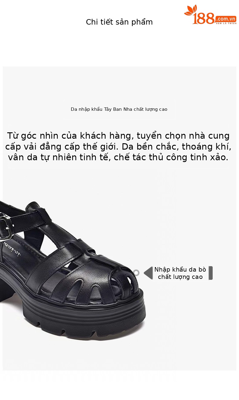 Sandal La Mã nữ đế tăng chiều cao da thật mũi tròn gót vuông quai ngang — màu đen chi tiết 2