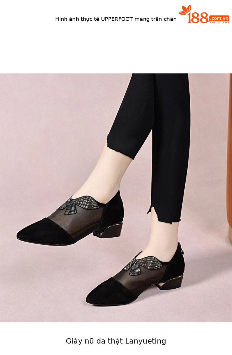 Giày cao gót nữ mũi nhọn một chân chạm, gót vuông 3 cm, da thật lưới thoáng khí — Màu đen - 3cm chi tiết 3