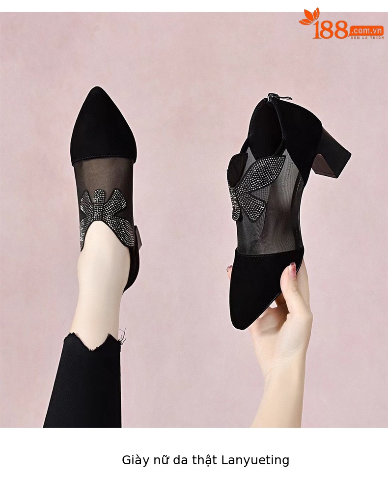 Giày cao gót nữ mũi nhọn một chân chạm, gót vuông 3 cm, da thật lưới thoáng khí — Màu đen - 3cm chi tiết 5