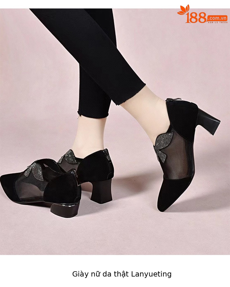 Giày cao gót nữ mũi nhọn một chân chạm, gót vuông 3 cm, da thật lưới thoáng khí — Màu đen - 3cm chi tiết 7