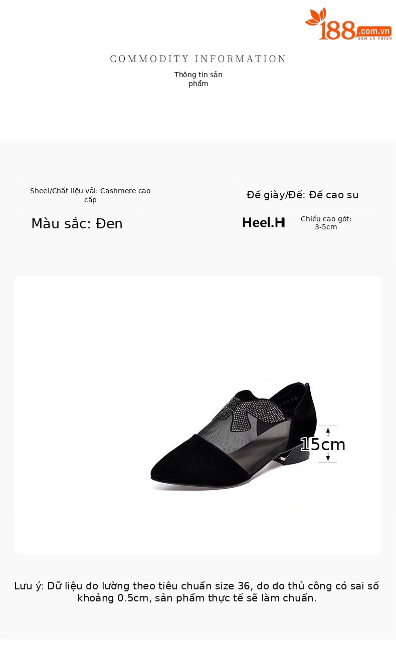 Giày cao gót nữ mũi nhọn một chân chạm, gót vuông 3 cm, da thật lưới thoáng khí — Màu đen - 3cm chi tiết 1