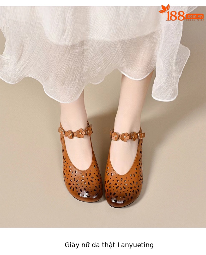 Sandal nữ da thật mũi tròn phong cách retro, gót thấp quai ngang — màu đen chi tiết 6