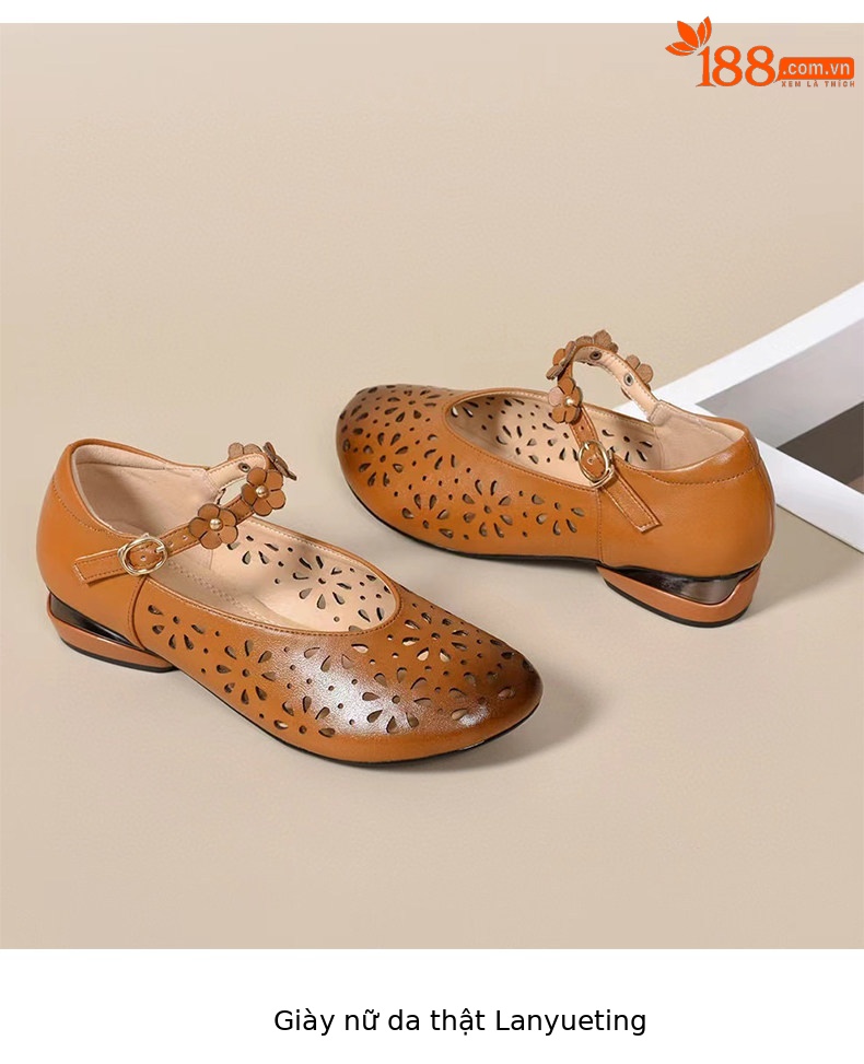 Sandal nữ da thật mũi tròn phong cách retro, gót thấp quai ngang — màu đen chi tiết 9