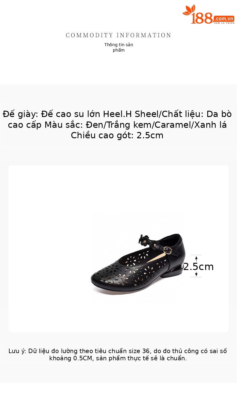 Sandal nữ da thật mũi tròn phong cách retro, gót thấp quai ngang — màu đen chi tiết 1