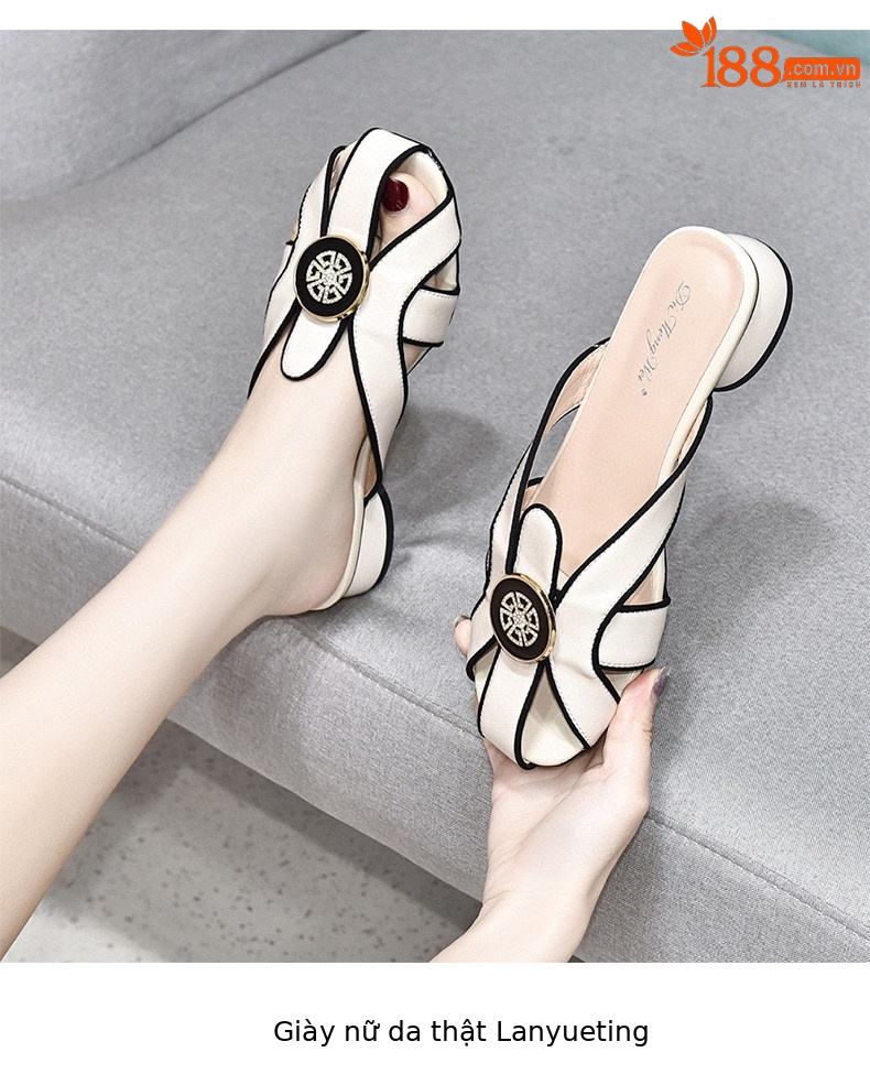 Dép sandal nữ da thật gót thấp mũi tròn quai chữ V sơn mài — màu đen chi tiết 4