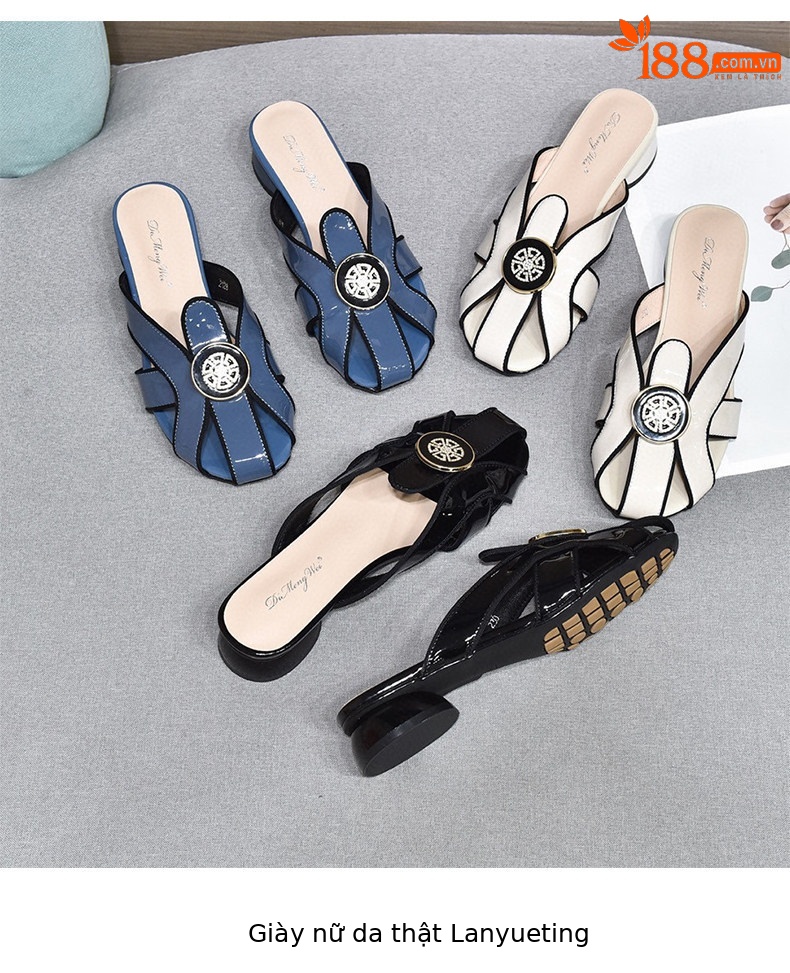 Dép sandal nữ da thật gót thấp mũi tròn quai chữ V sơn mài — màu đen chi tiết 7
