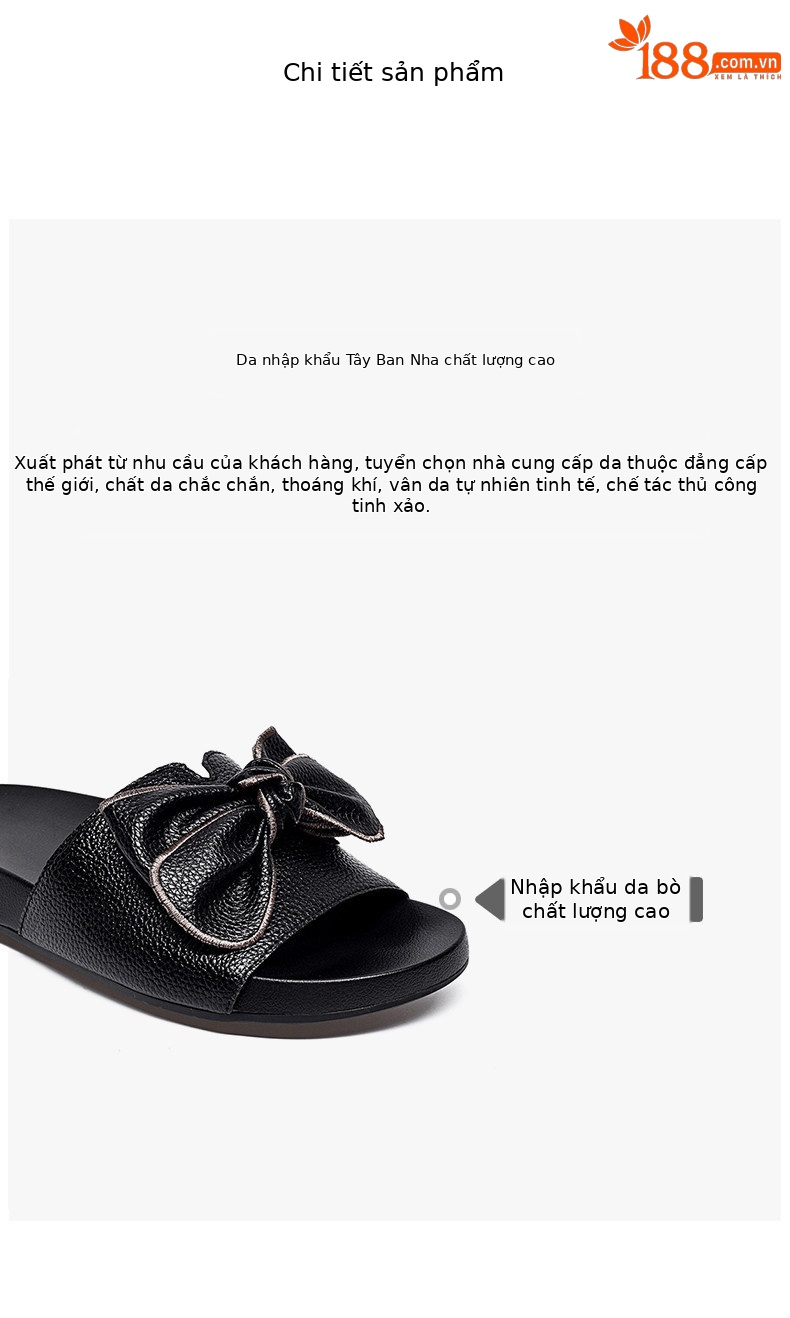 Dép sandal nữ đế bệt da thật quai ngang nơ bướm — màu đen chi tiết 2
