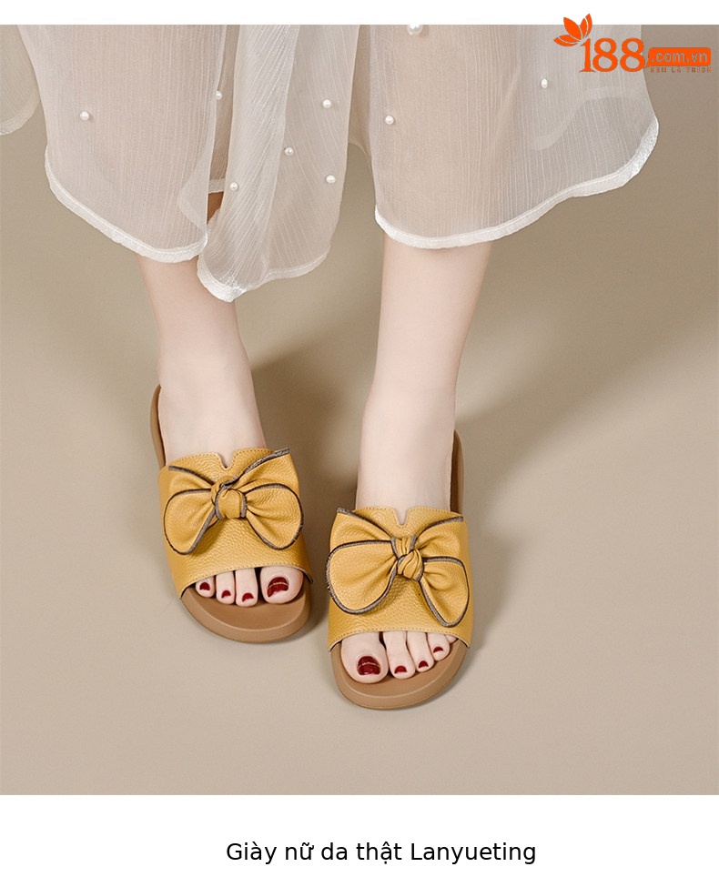 Dép sandal nữ đế bệt da thật quai ngang nơ bướm — màu đen chi tiết 6