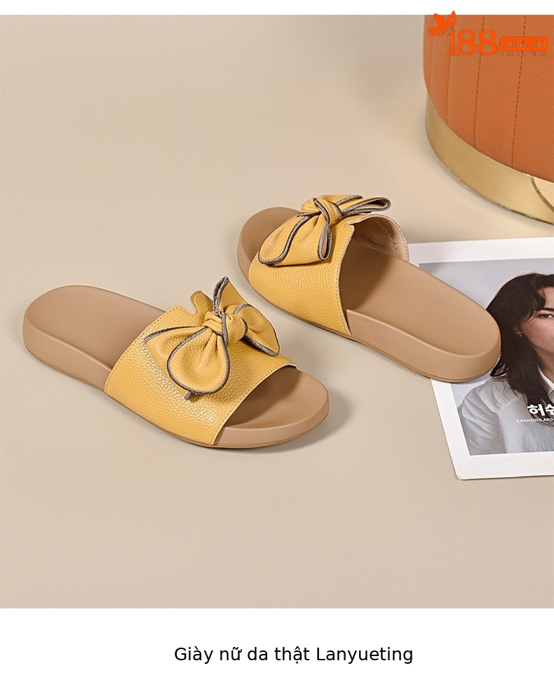 Dép sandal nữ đế bệt da thật quai ngang nơ bướm — màu đen chi tiết 8