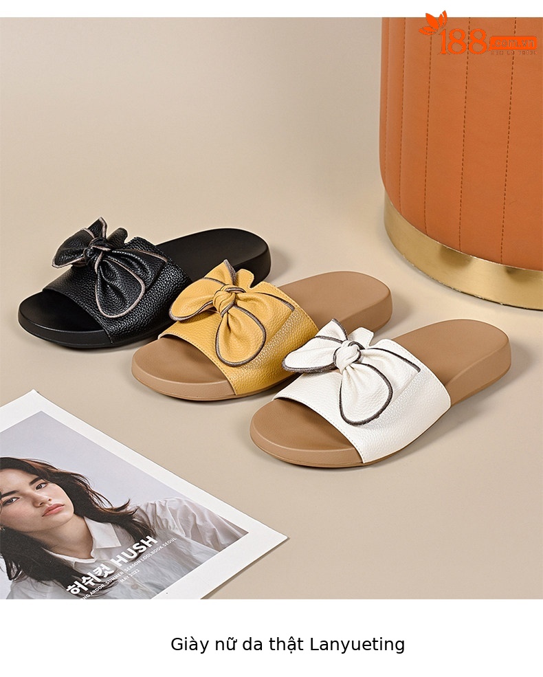 Dép sandal nữ đế bệt da thật quai ngang nơ bướm — màu đen chi tiết 9