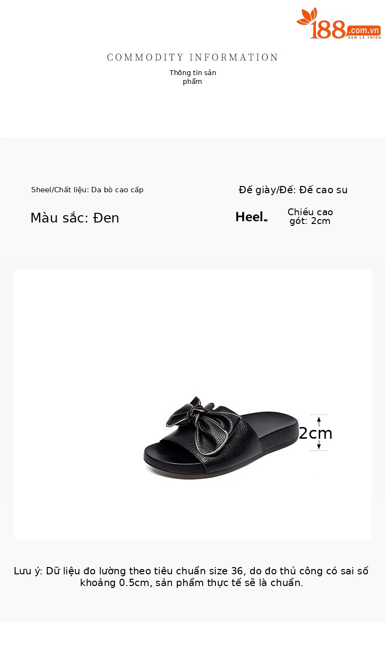 Dép sandal nữ đế bệt da thật quai ngang nơ bướm — màu đen chi tiết 1