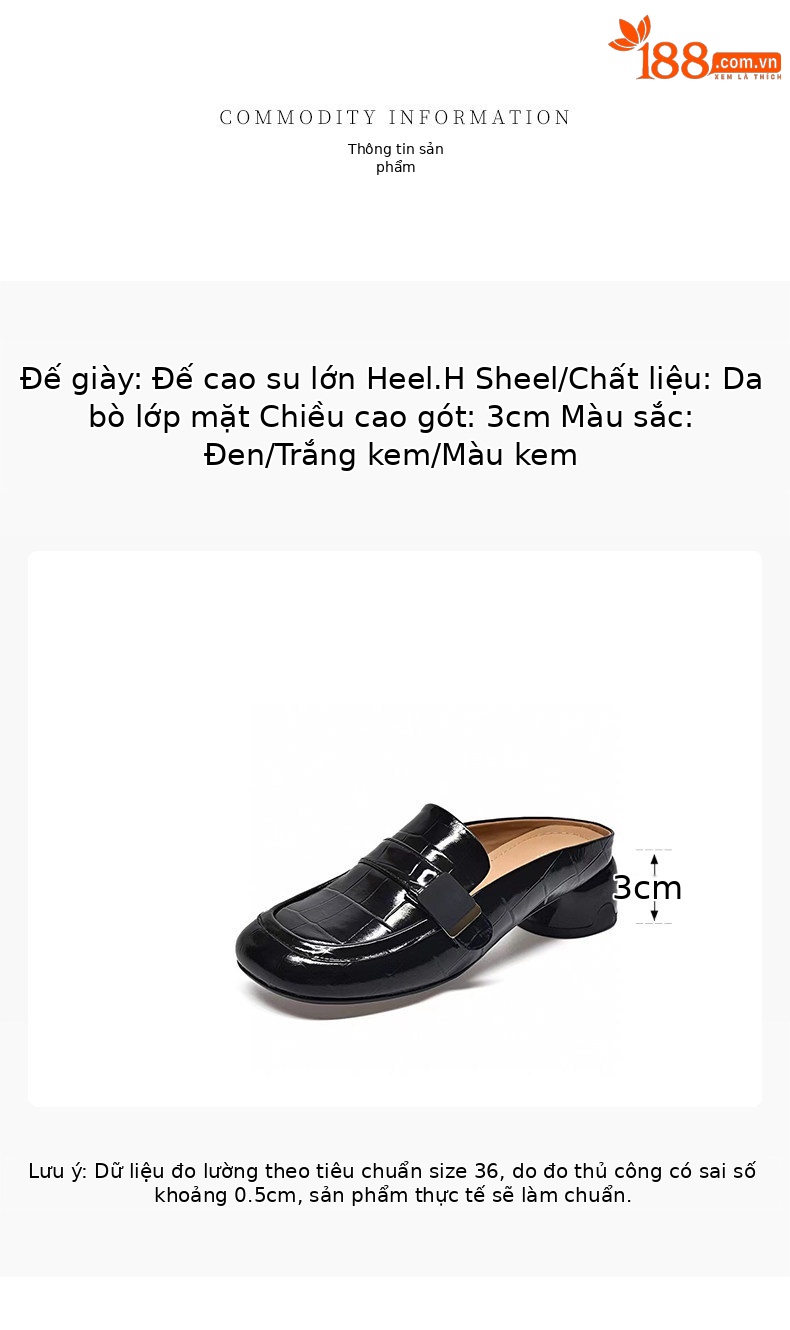 Dép mule nữ da thật mũi trùm gót thấp đế mềm — màu đen chi tiết 1
