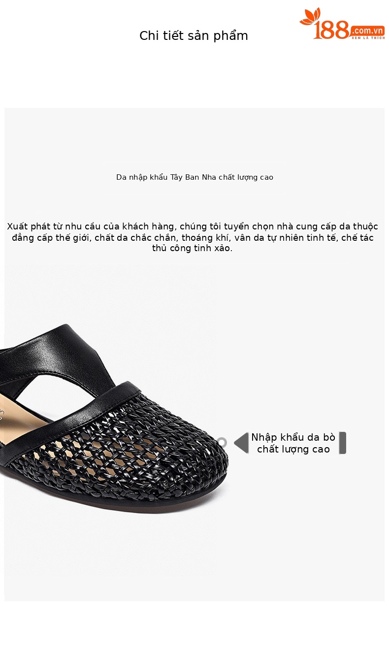 Dép sandal nữ da thật đế bệt mũi tròn gót thấp thoáng khí — màu đen chi tiết 2