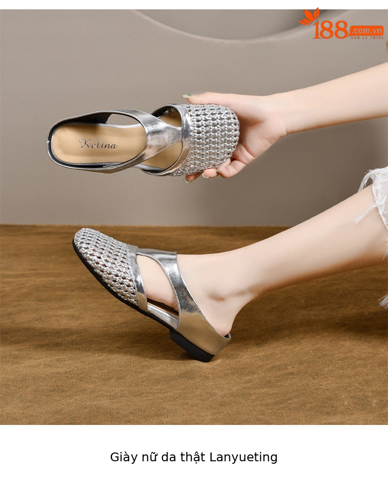 Dép sandal nữ da thật đế bệt mũi tròn gót thấp thoáng khí — màu đen chi tiết 4