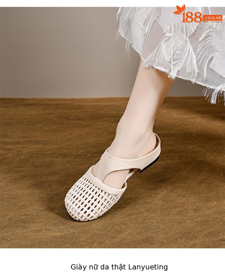 Dép sandal nữ da thật đế bệt mũi tròn gót thấp thoáng khí — màu đen chi tiết 5