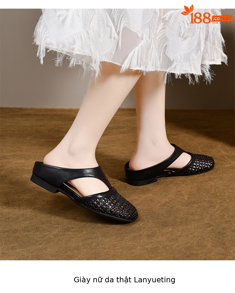 Dép sandal nữ da thật đế bệt mũi tròn gót thấp thoáng khí — màu đen chi tiết 7