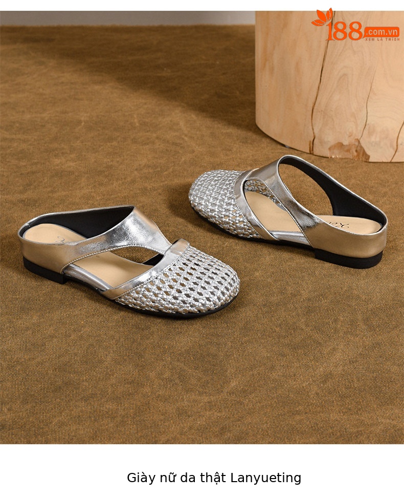 Dép sandal nữ da thật đế bệt mũi tròn gót thấp thoáng khí — màu đen chi tiết 8